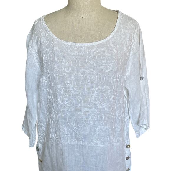 Lungo L'arno Italy Linen Embroidered White Top - Picture 3 of 9